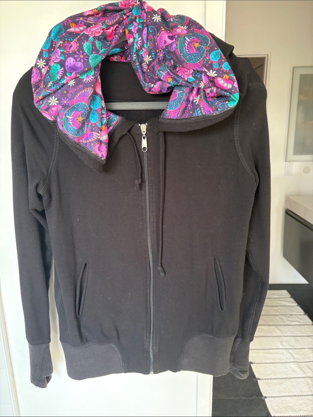 ¡Ay Guey Black Zip-Up Hoodie with Colorful Floral Lined Hood